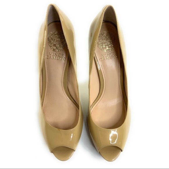 Vince Camuto Patent Peep Toe Heels in Tan - Picture 2 of 5